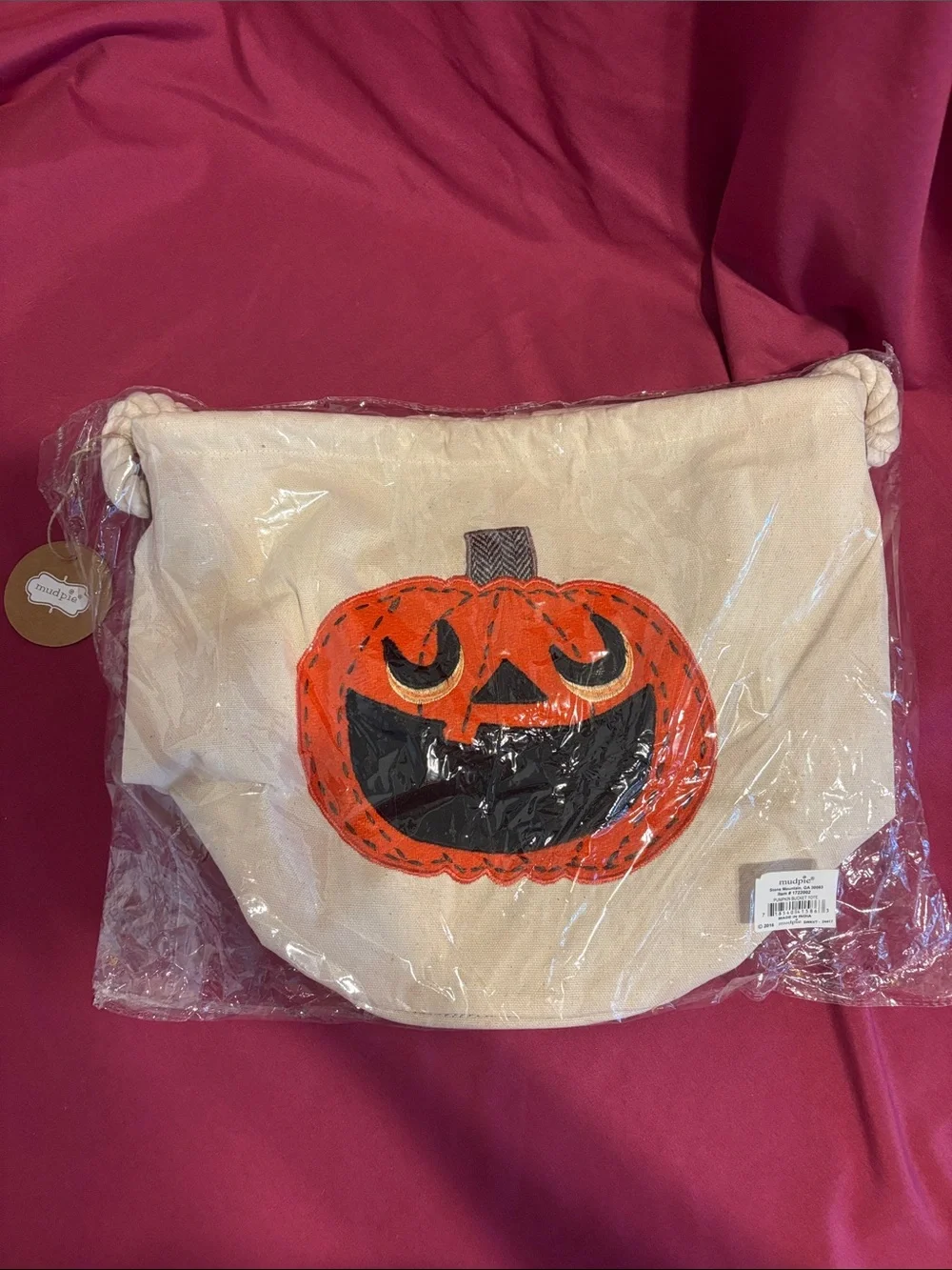 Mud Pie Cream Canvas Pumpkin Satchel with Orange/Black Graphic